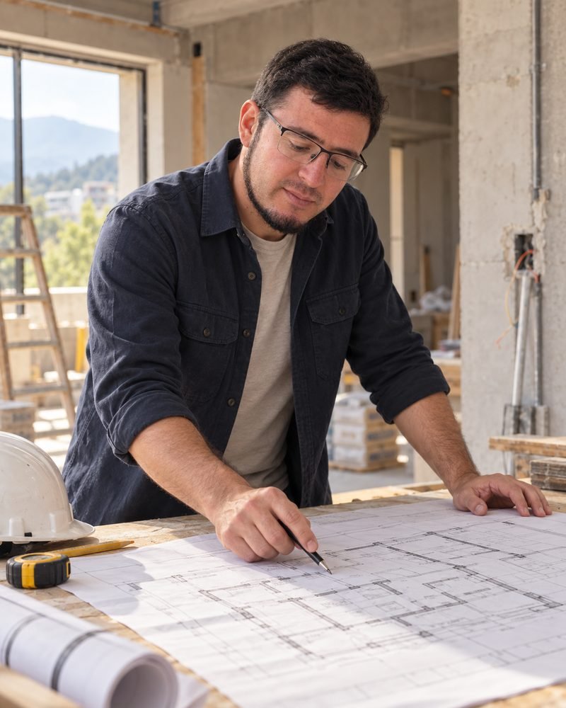 Arquitecto revisando proyecto arquitectónico dentro de una obra