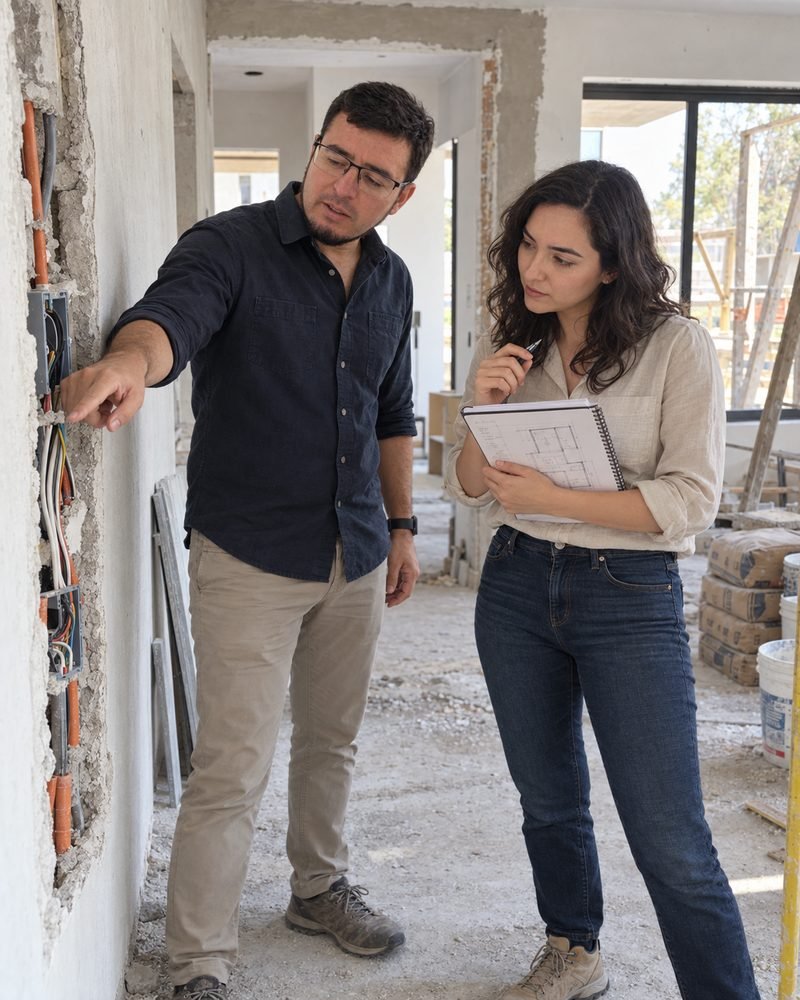 Arquitecto explicando instalaciones en obra durante la revisión de alcance