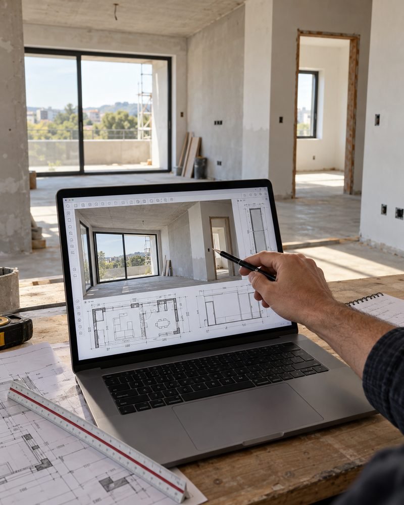 Proyecto arquitectónico digital contrastado con el espacio en obra