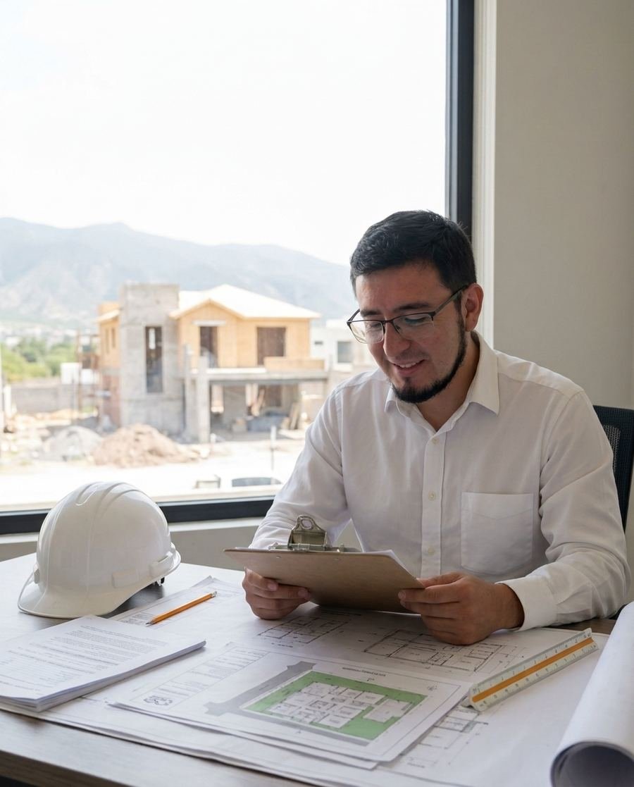 Arq. Luis Rodrigo Valle Salas revisando planos de un proyecto